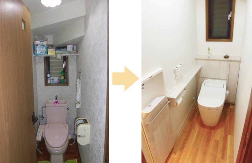 （参考例：ホームプロ）　トイレのリフォーム。収納力を重視して、トイレ背面に背面収納を設置。手洗い器カウンターも取り付け、これに伴いスペースを意識して「内開きドア」を「引き戸」に変更。費用46万円。戸建て住宅。築16-20年。工期3日。物件場所　大阪府。